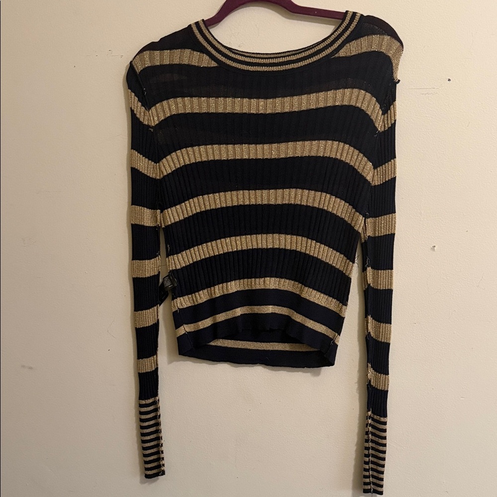Zara Black and Gold Striped Ribbed Long-Sleeve Top